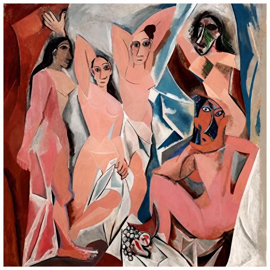 Les Demoiselles d&rsquo;Avignon (1907), de Pablo Picasso, obra considerada um dos marcos do Cubismo e da arte moderna. As figuras angulosas e as fei&ccedil;&otilde;es inspiradas em m&aacute;scaras africanas revelam a profunda influ&ecirc;ncia da arte tribal africana sobre a produ&ccedil;&atilde;o art&iacute;stica europeia do in&iacute;cio do s&eacute;culo XX.