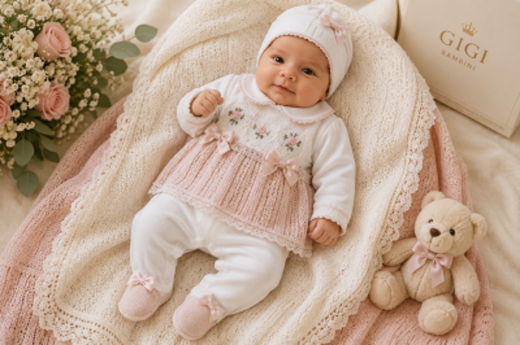 beb&ecirc; rec&eacute;m nascido usando sa&iacute;da de maternidade elegante