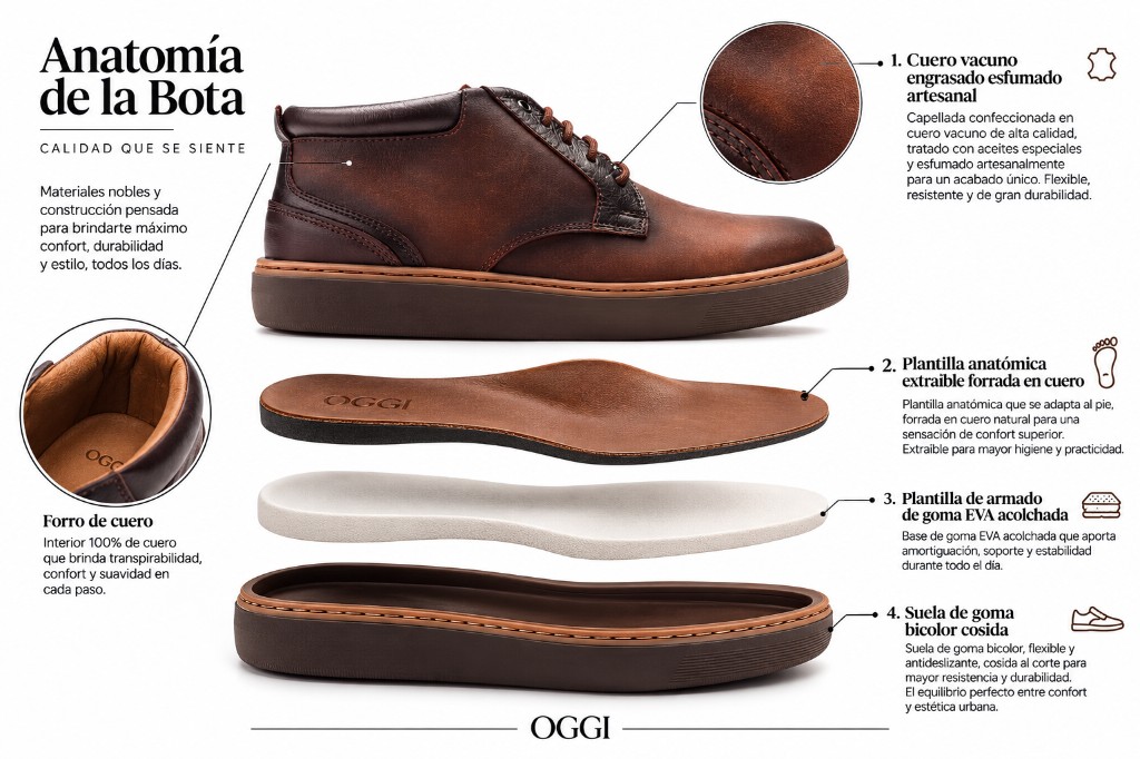 Anatomía de la Bota Dakota OGGI: cuero engrasado, forro de cuero, suela cosida