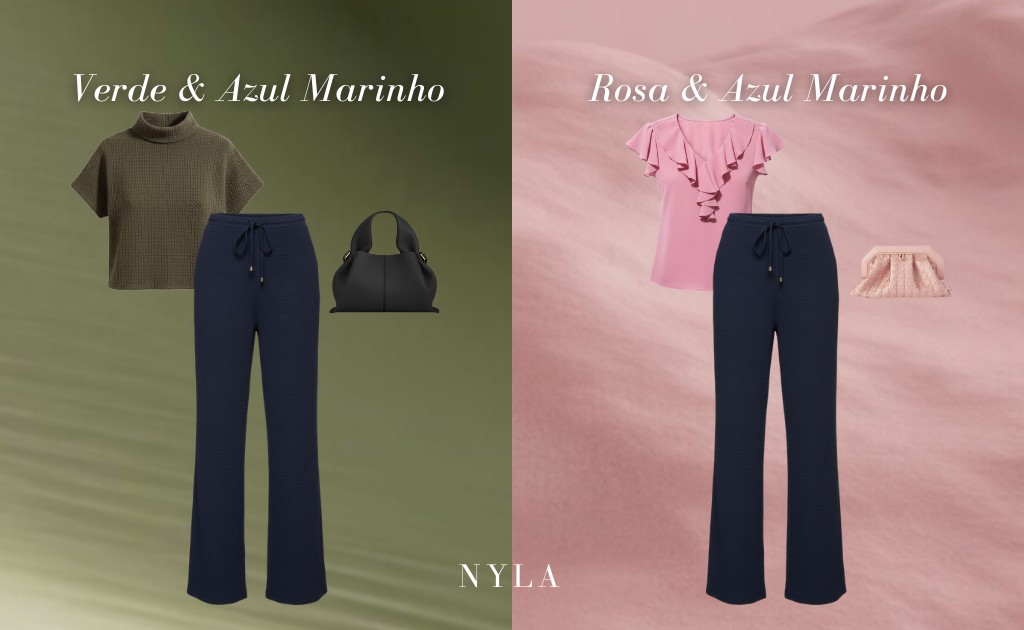 Combina&ccedil;&otilde;es de cores com azul marinho em dois looks: verde oliva e azul marinho (blusa verde + cal&ccedil;a marinho + bolsa preta) e rosa e azul marinho (blusa rosa + cal&ccedil;a marinho + clutch clara). Ideias de look elegante feminino NYLA.