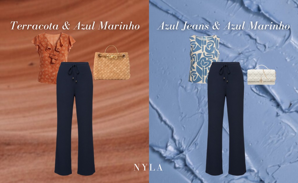 Dois looks prontos com cal&ccedil;a azul marinho: terracota e azul marinho (blusa terracota + bolsa caramelo/palha) e azul jeans com azul marinho (blusa azul claro estampada + bolsa branca). Guia de como combinar azul marinho.