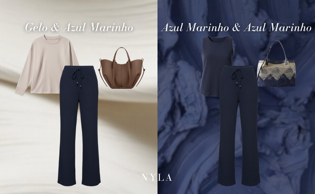 Banner com duas sugest&otilde;es de look com azul marinho: gelo e azul marinho (blusa tom gelo + cal&ccedil;a marinho + bolsa marrom) e look monocrom&aacute;tico azul marinho (blusa marinho + cal&ccedil;a marinho + bolsa azul). Moda feminina elegante NYLA Concept S&atilde;o Paulo.