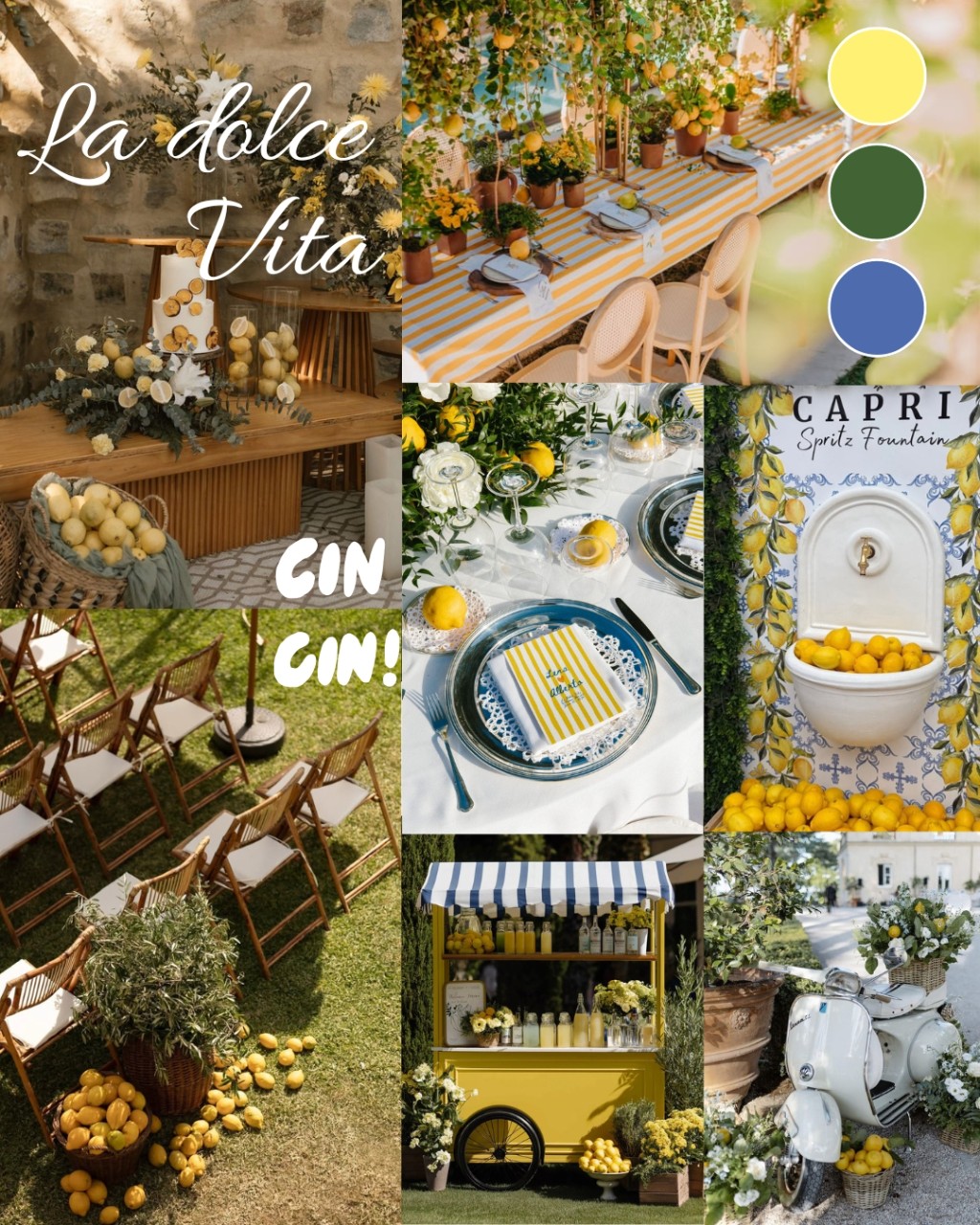 Moodboard de casamento com tema italiano e paleta da Costa Amalfitana