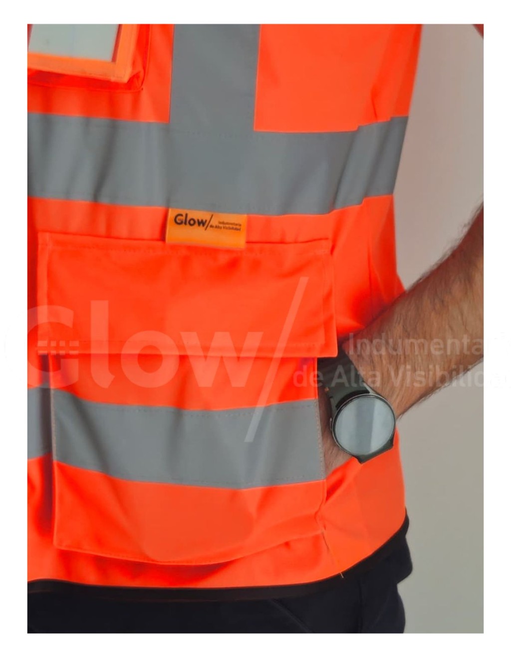Chaleco reflectivo marca Glow modelo Lux Pro color naranja - zoom bolsillo lateral