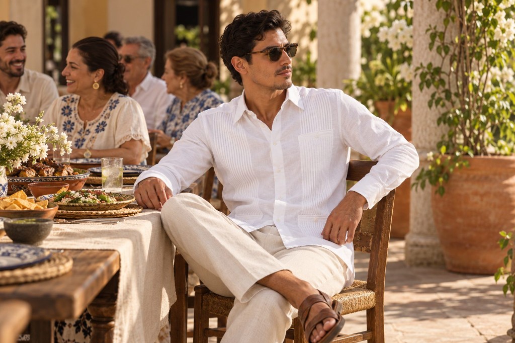 Guayabera Presidencial Blanca con Pantal&oacute;n de Manta Beige-Crudo Oaxaca, comida familiar de domingo