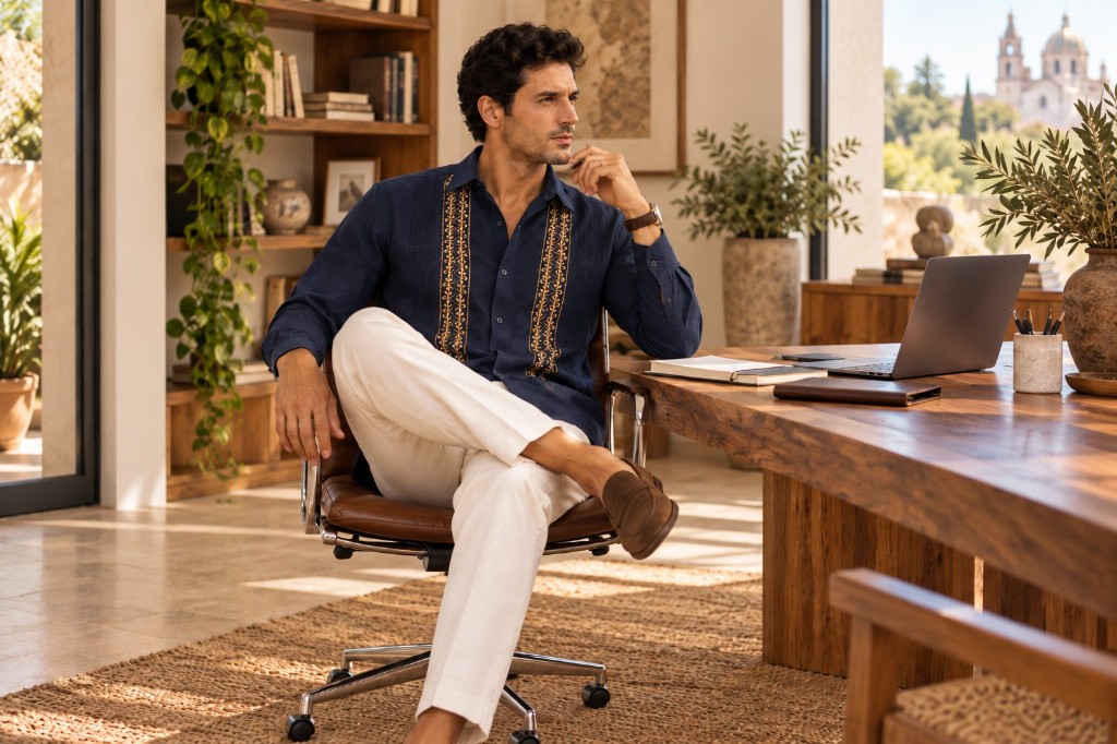 Guayabera Balam Azul Marino con Pantal&oacute;n Tim&oacute;n Crudo, junta de trabajo que termina en algo informal