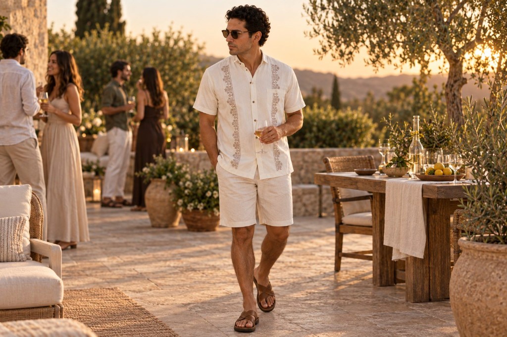 Camisa Tizil Beige-Crudo con Bermuda Horizonte Beige-Crudo, reuni&oacute;n al aire libre