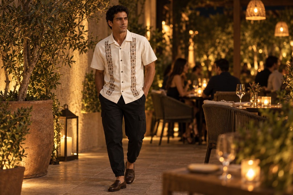 Camisa Valle Beige con Pantal&oacute;n Tim&oacute;n Negro, cena entre semana con amigos