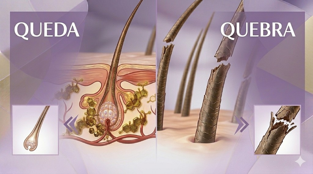 Infogr&aacute;fico comparativo mostrando um fol&iacute;culo com queda na raiz por cortisol e um fio com quebra na fibra capilar