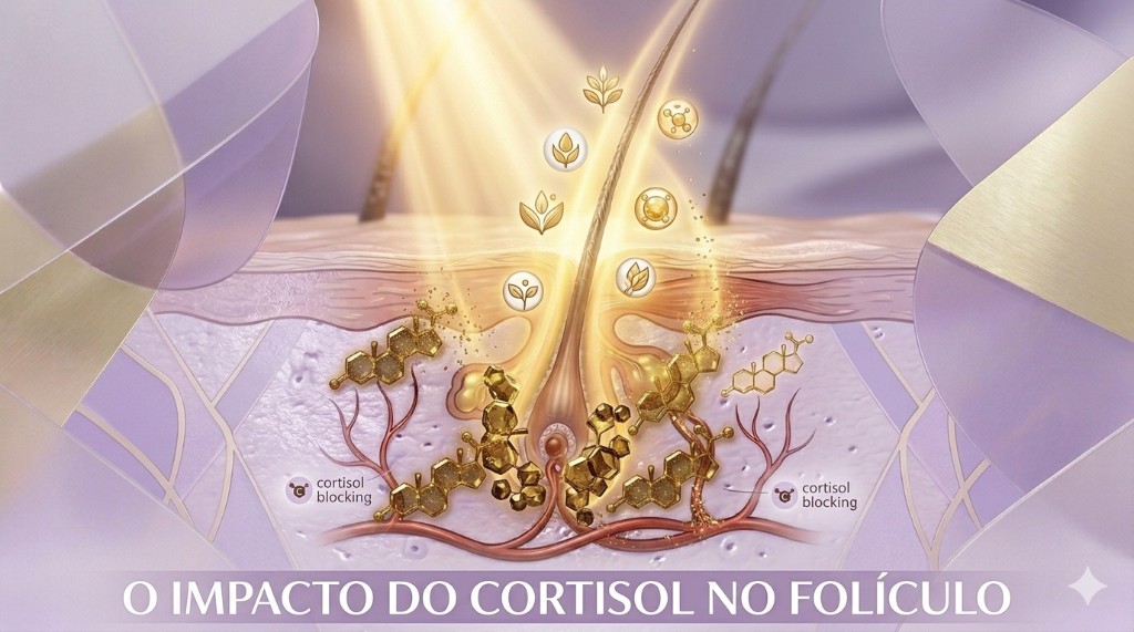 Infogr&aacute;fico de biotecnologia capilar mostrando o impacto do cortisol no fol&iacute;culo e a a&ccedil;&atilde;o de bloqueio hormonal para sa&uacute;de da raiz
