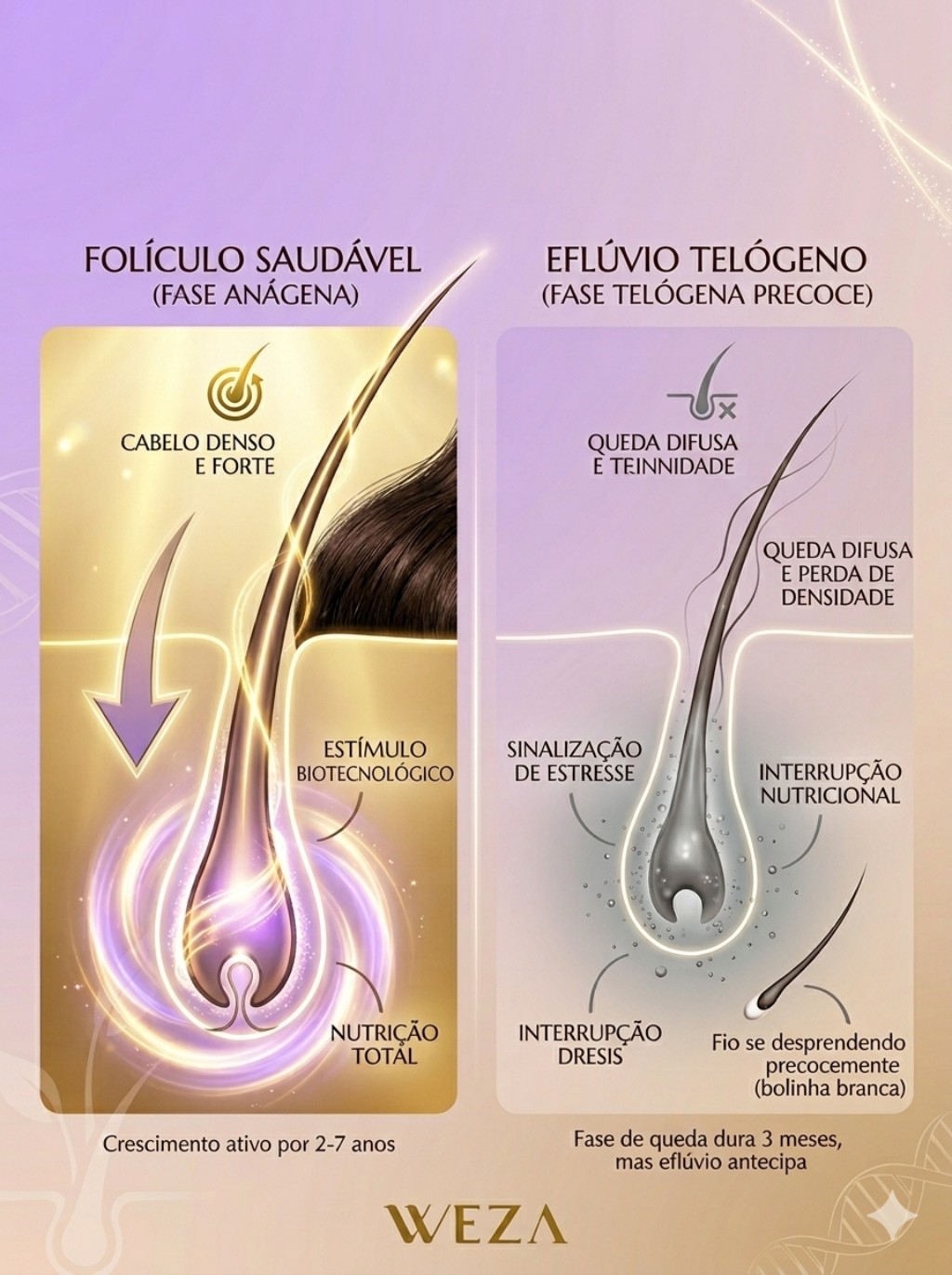 Infogr&aacute;fico comparativo mostrando um fol&iacute;culo capilar saud&aacute;vel em fase an&aacute;gena vs. um fol&iacute;culo com efl&uacute;vio tel&oacute;geno em fase de queda precoce, com detalhes sobre nutri&ccedil;&atilde;o e estresse capilar.