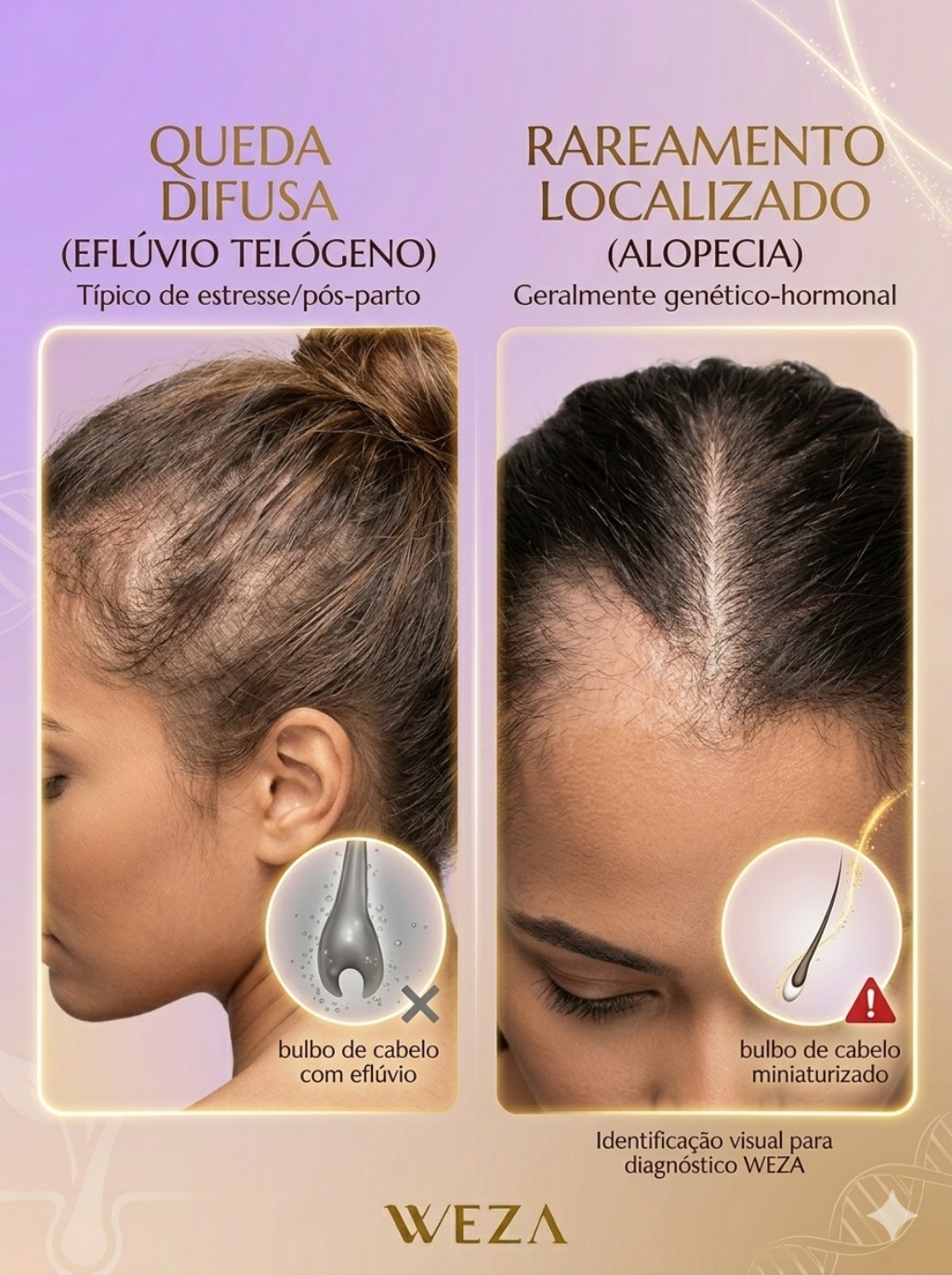 Comparativo visual de diagn&oacute;stico WEZA, mostrando a diferen&ccedil;a entre a queda de cabelo difusa (Efl&uacute;vio Tel&oacute;geno) e o rareamento localizado (Alopecia Androgen&eacute;tica) com detalhes do bulbo capilar miniaturizado.