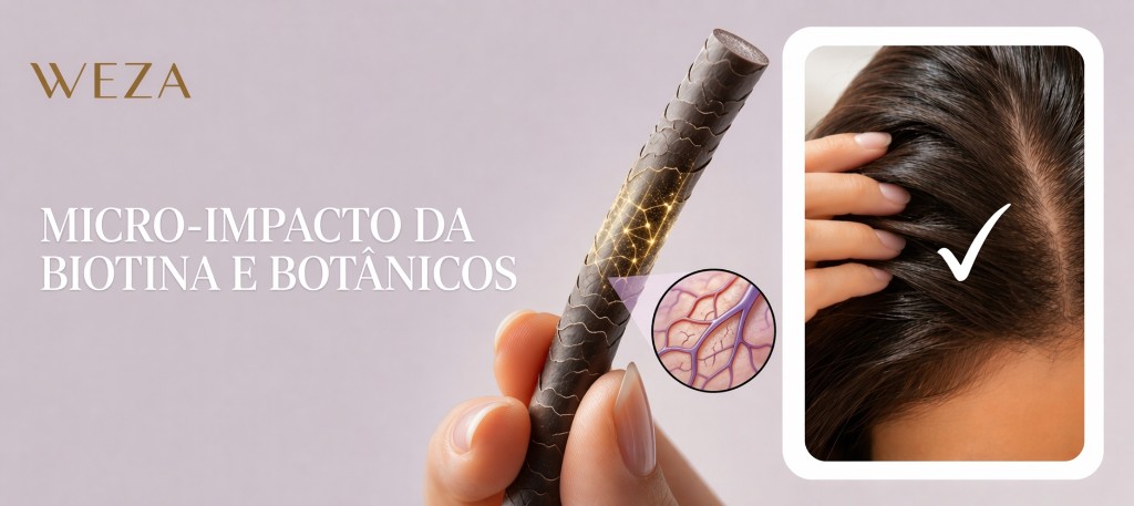 Infogr&aacute;fico t&eacute;cnico da Weza Professional mostrando a biotecnologia da Biotina Micronizada agindo na estrutura interna da fibra capilar para aumentar o di&acirc;metro e a densidade do fio ralo.