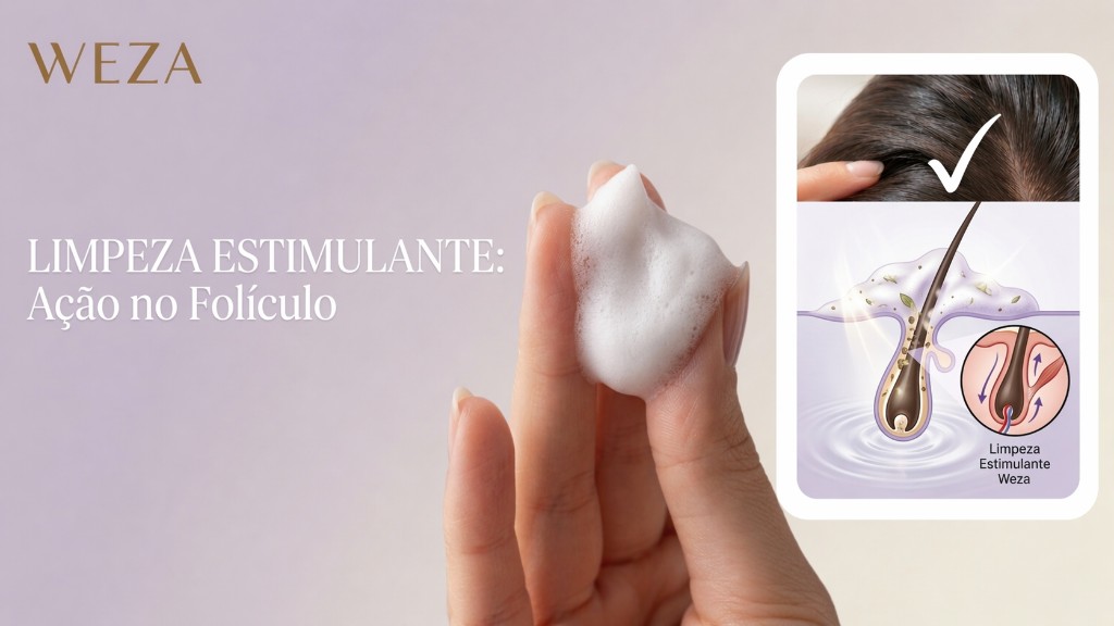 Macro fotografia de textura de espuma cremosa Weza Professional ilustrando o processo de limpeza estimulante que desobstrui o fol&iacute;culo capilar e ativa o crescimento na raiz.