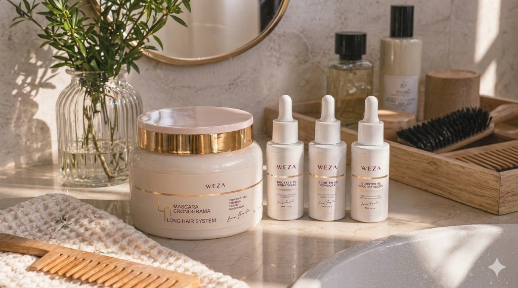 Produtos de tratamento capilar da Weza Cosmetics sobre uma bancada de m&aacute;rmore clara. &Agrave; esquerda, um pote da M&aacute;scara Cronograma Long Hair System. &Agrave; direita, tr&ecirc;s frascos de Boosters (Hidrata&ccedil;&atilde;o, Nutri&ccedil;&atilde;o e Reconstru&ccedil;&atilde;o). Cena com ilumina&ccedil;&atilde;o solar natural