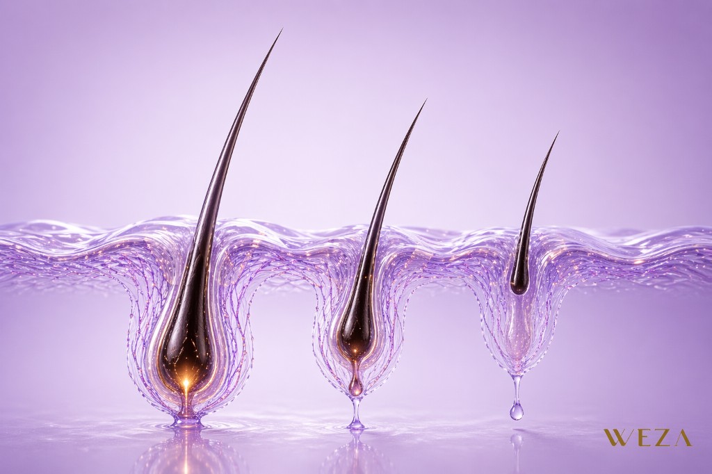 Infogr&aacute;fico art&iacute;stico das fases do ciclo capilar (An&aacute;gena, Cat&aacute;gena e Tel&oacute;gena) mostrando a estrutura do fol&iacute;culo piloso em tons de lavanda - Weza Cosmetics.