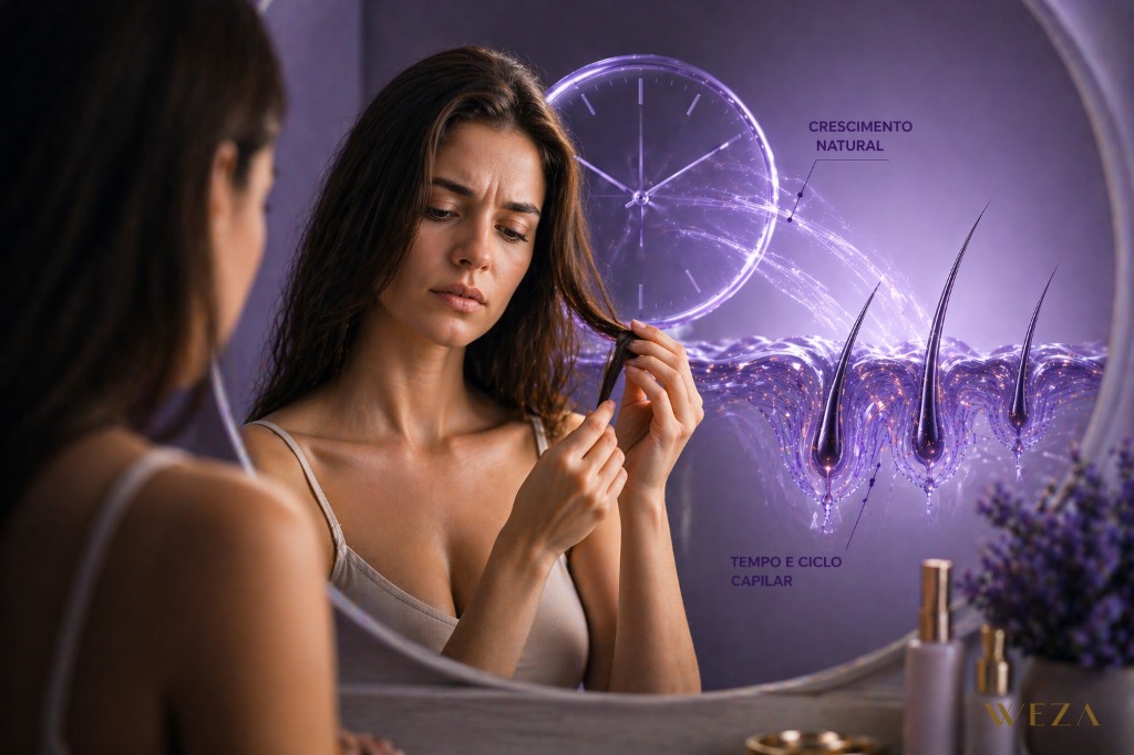 Mulher examinando o cabelo preocupada em frente ao espelho com infogr&aacute;fico de rel&oacute;gio biol&oacute;gico e estrutura do fol&iacute;culo piloso simbolizando o tempo e ciclo capilar natural em tons de lavanda Weza Cosmetics.