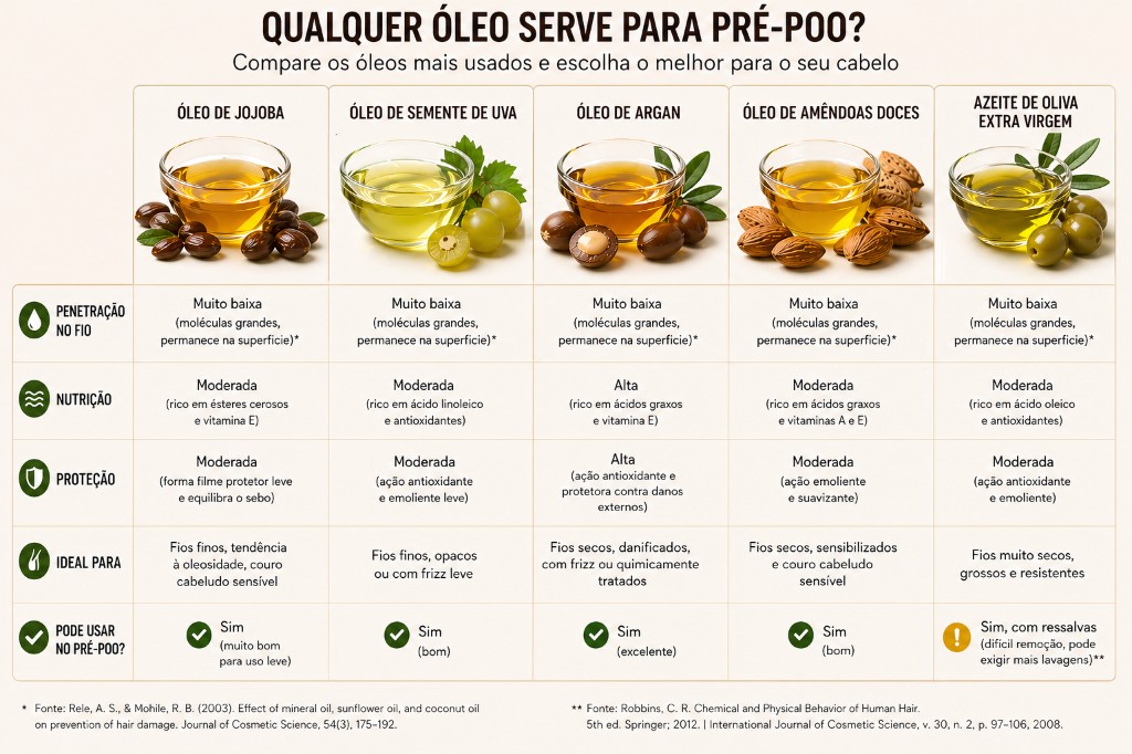 Infogr&aacute;fico comparativo de &oacute;leos vegetais (Jojoba, Argan, Am&ecirc;ndoas e Azeite) detalhando n&iacute;veis de penetra&ccedil;&atilde;o no fio, nutri&ccedil;&atilde;o e indica&ccedil;&atilde;o para t&eacute;cnica de pr&eacute;-poo.