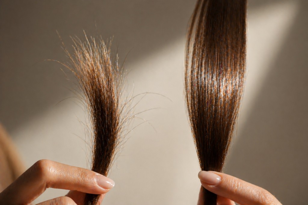 Compara&ccedil;&atilde;o detalhada de duas mechas de cabelo: &agrave; esquerda, fios com pontas duplas e tricoptilose; &agrave; direita, fios ap&oacute;s a selagem lip&iacute;dica, apresentando brilho e cut&iacute;culas seladas