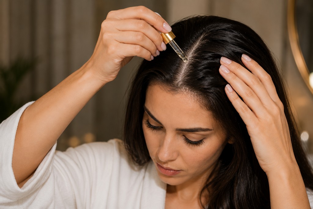 Mulher aplicando &oacute;leo capilar diretamente na raiz do cabelo, exemplificando o erro que causa oleosidade excessiva e obstru&ccedil;&atilde;o dos fol&iacute;culos