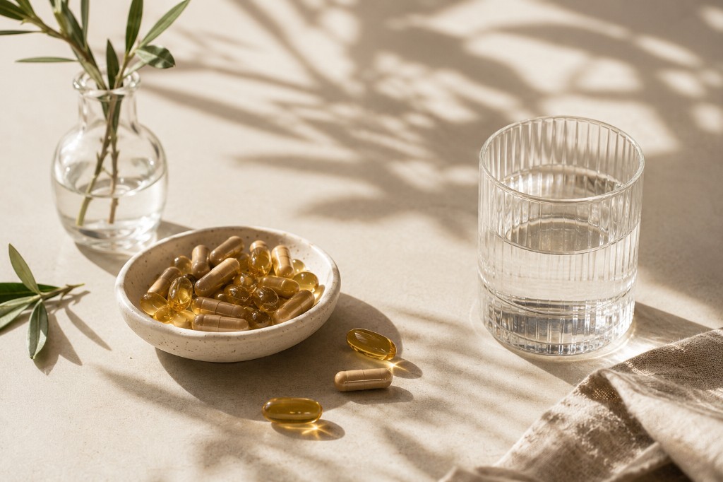 Vitaminas e minerais para crescimento capilar saud&aacute;vel ao lado de copo de &aacute;gua em composi&ccedil;&atilde;o minimalista iluminada pela luz natural.