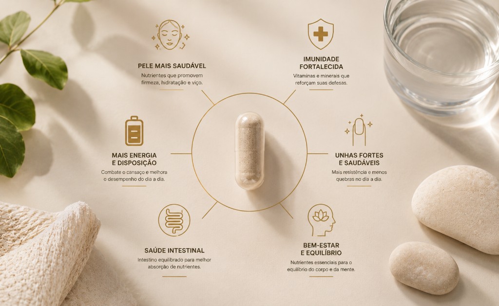 Vitaminas e minerais para fortalecimento do cabelo, unhas e pele em composi&ccedil;&atilde;o minimalista com est&eacute;tica clean e ilumina&ccedil;&atilde;o natural.