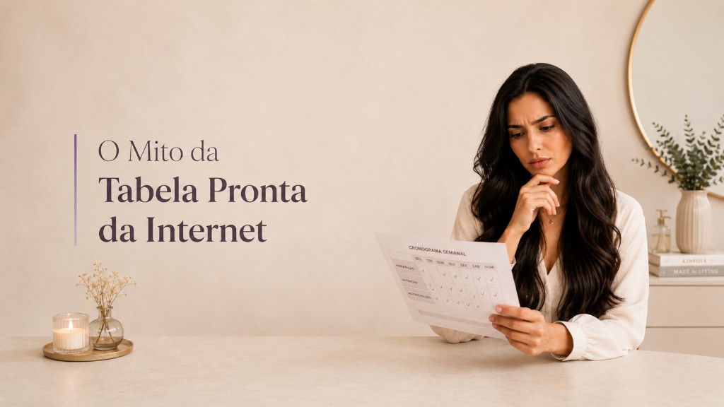 Mulher com cabelo escuro analisando uma tabela de cronograma capilar pronta da internet, representando por que rotinas gen&eacute;ricas podem n&atilde;o atender &agrave;s necessidades reais dos fios.
