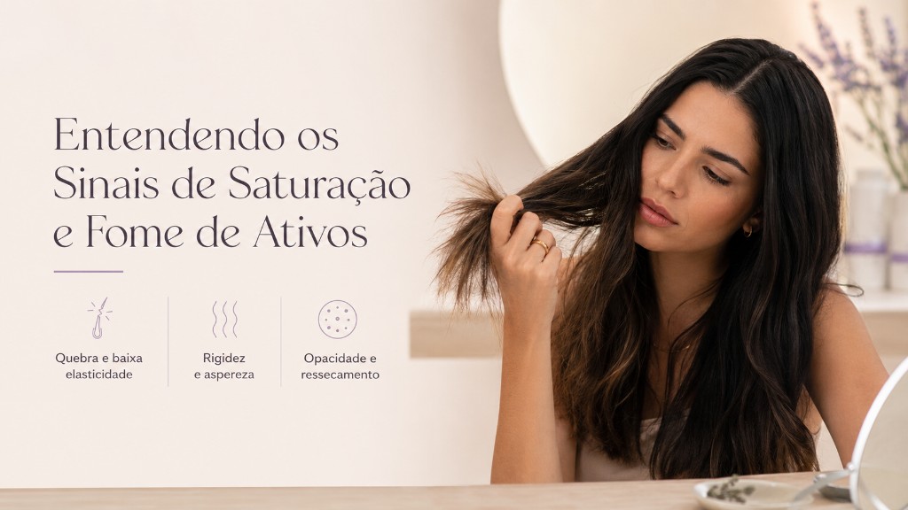 Mulher analisando as pontas do cabelo para identificar sinais de satura&ccedil;&atilde;o e fome de ativos, como quebra, rigidez, aspereza, opacidade e ressecamento dos fios.