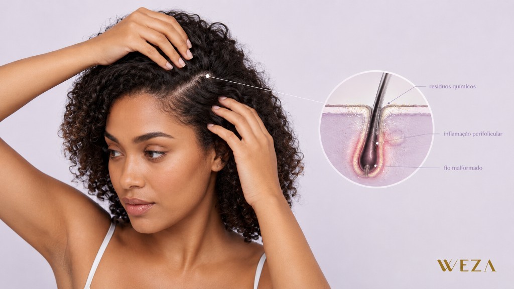 Imagem de uma mulher com cabelo cacheado analisando a raiz do couro cabeludo, com ilustra&ccedil;&atilde;o do fol&iacute;culo capilar mostrando res&iacute;duos qu&iacute;micos, inflama&ccedil;&atilde;o perifolicular e fio malformado, explicando as causas do Scab Hair.