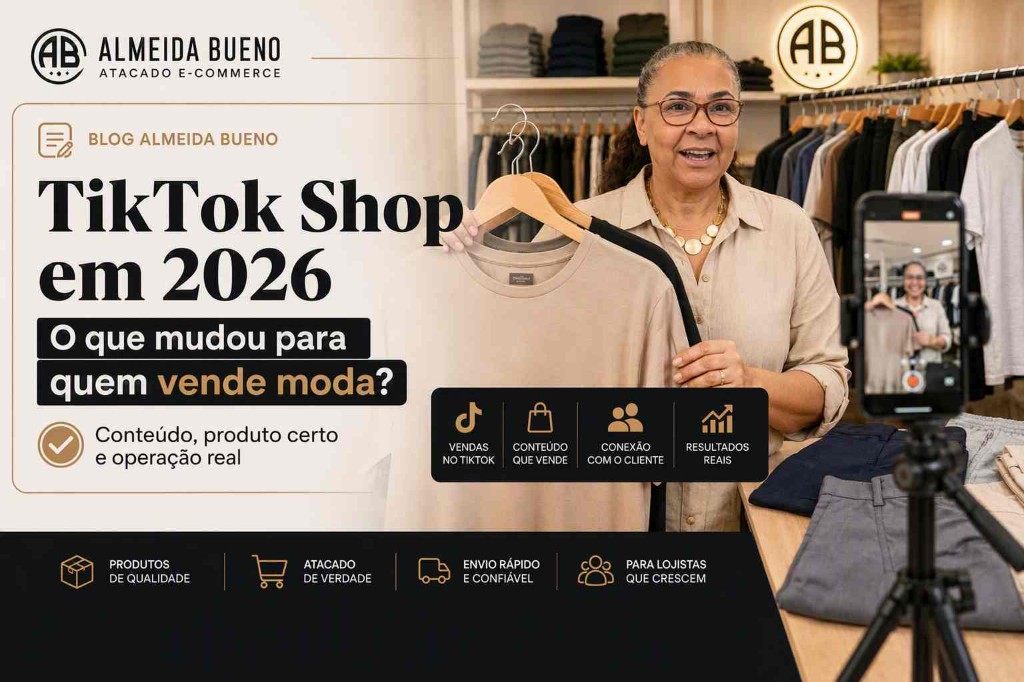 Dona Jô do Atacado Almeida Bueno em uma live do TikTok Shop, capa do artigo sobre tendências de e-commerce 2026