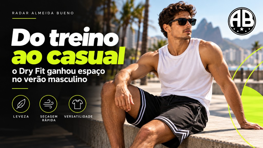 Modelo masculino usando bermuda Dry Fit preta em contexto casual de ver&atilde;o, mostrando a versatilidade da pe&ccedil;a al&eacute;m da academia