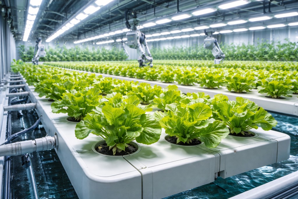 Granja de cultivo hidrop&oacute;nico con rob&oacute;tica