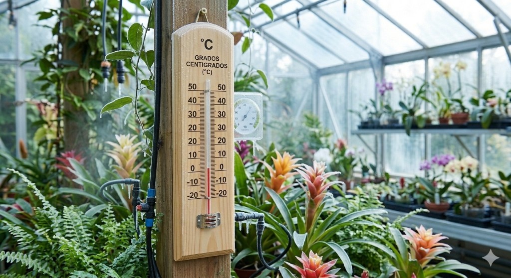 imagen de un termómetro dentro de un invernadero