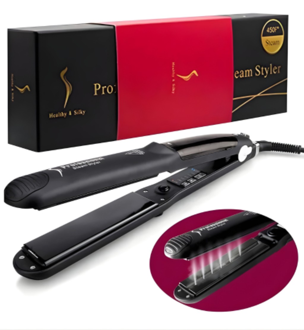 Detalle de plancha a vapor para el cabello con sistema de vapor integrado