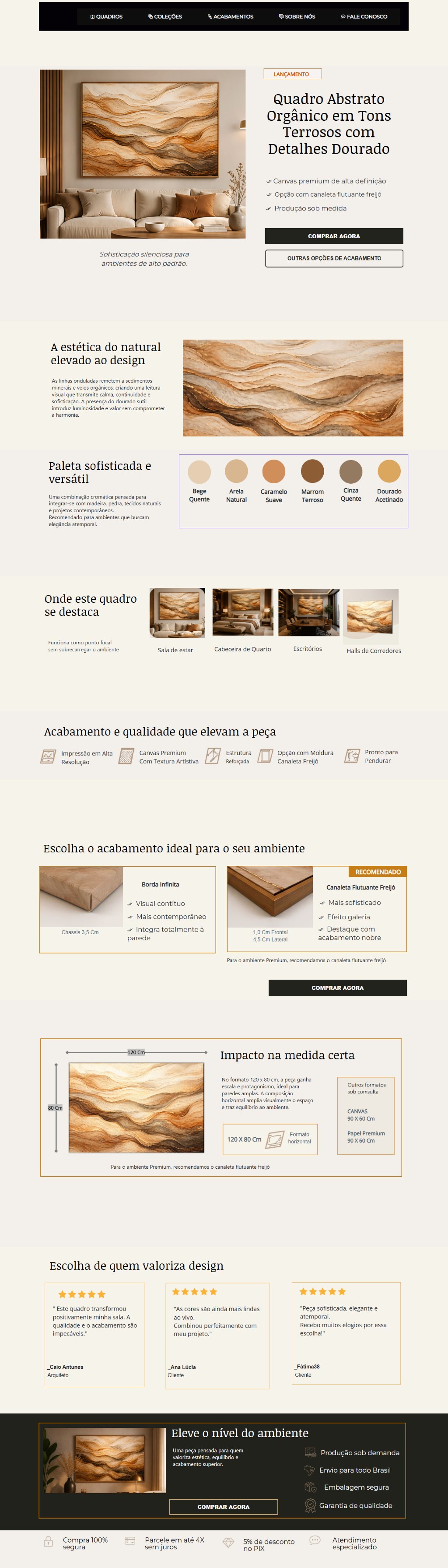 Quadro Abstrato Org&acirc;nico em Tons Terrosos com Detalhes Dourado