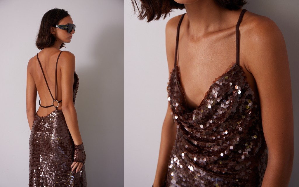 vestido chocolate de lentejuelas con espalda descubierta asimétrica y avío metálico