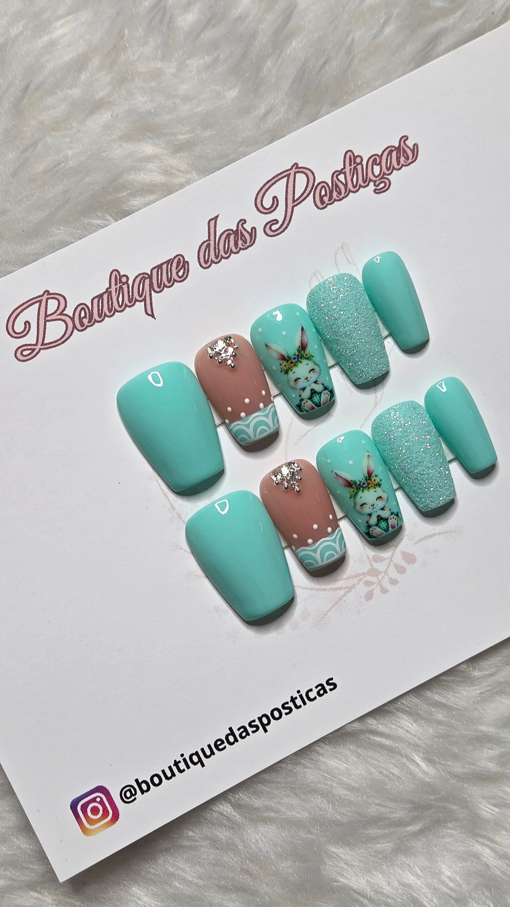 unhas postiças decoradas de Páscoa verde claro Aqua Bunny Glam