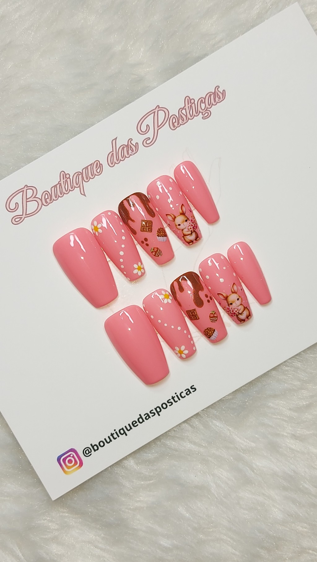 unhas postiças decoradas de Páscoa rosa Páscoa Encantada