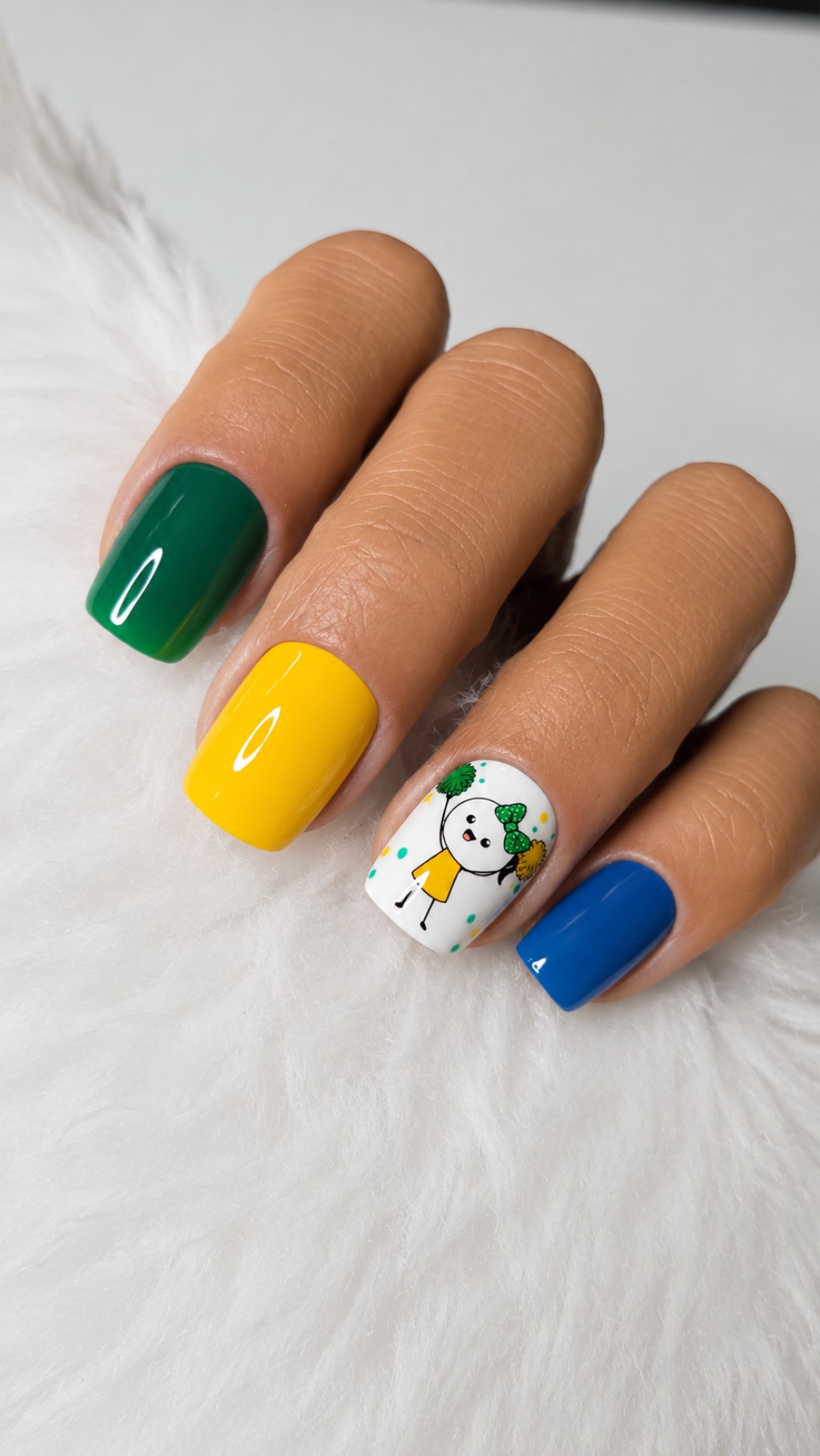 Unhas posti&ccedil;as decoradas em close nas cores da bandeira do Brasil com acabamento brilhante e nail art delicada.