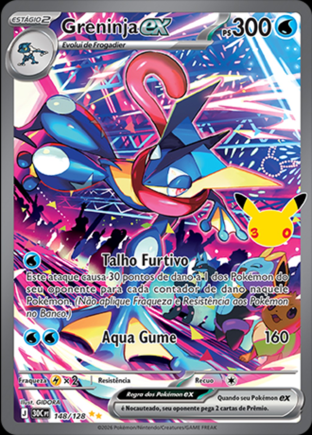 Greninja ex Ilustração Rara, carta 148/128 da Coleção de Celebração de 30 Anos do Pokémon TCG
