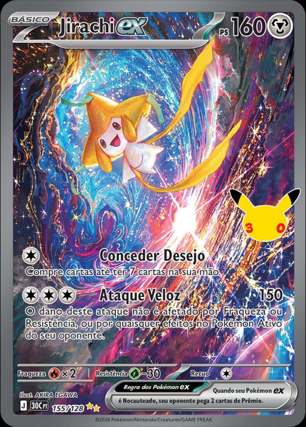 Jirachi ex Ilustração Rara, carta 155/128 da Coleção de Celebração de 30 Anos do Pokémon TCG