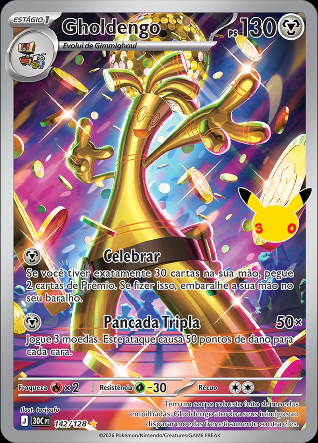 Gholdengo Ilustração Rara, carta 142/128 da Coleção de Celebração de 30 Anos do Pokémon TCG
