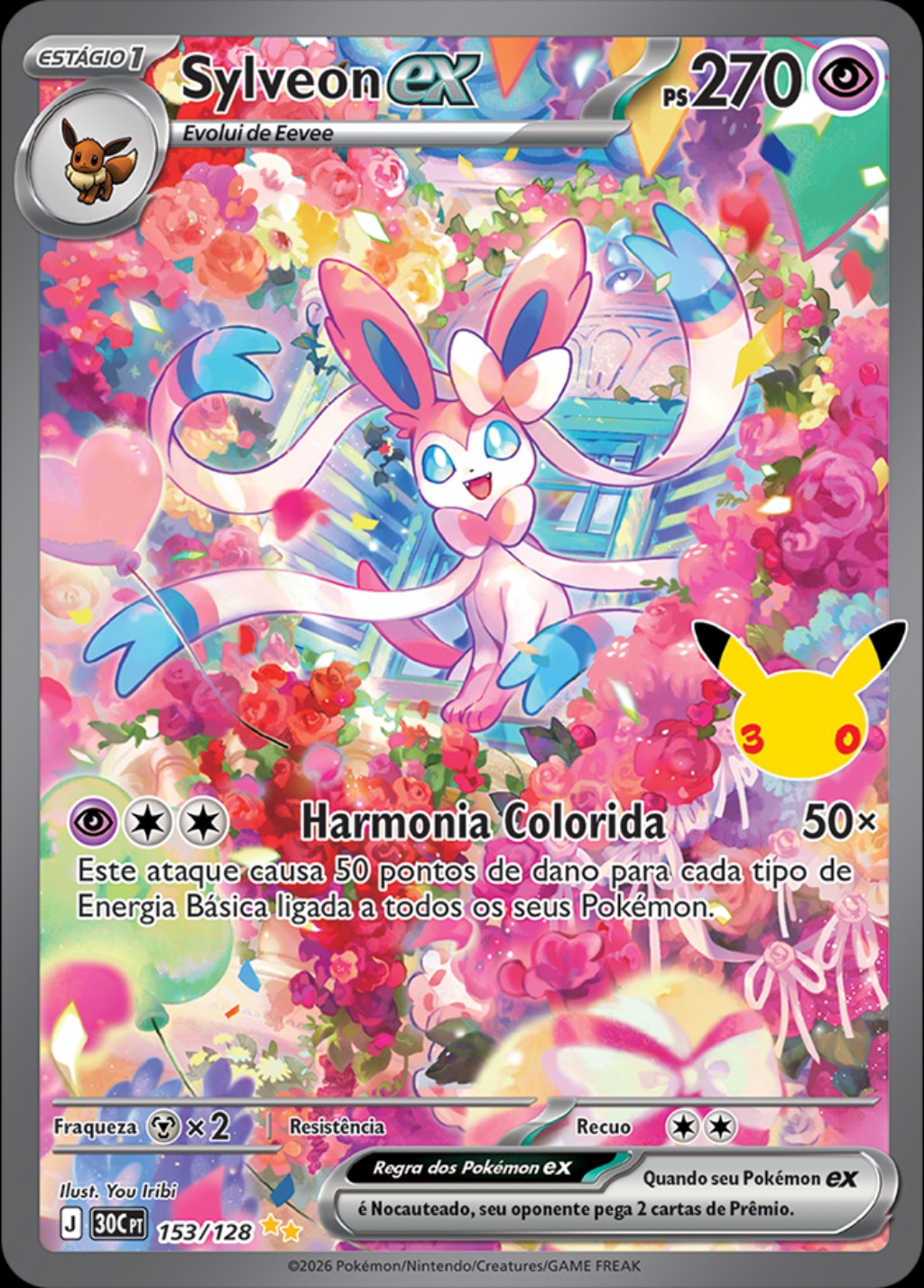 Sylveon ex Ilustração Rara, carta 153/128 da Coleção de Celebração de 30 Anos do Pokémon TCG