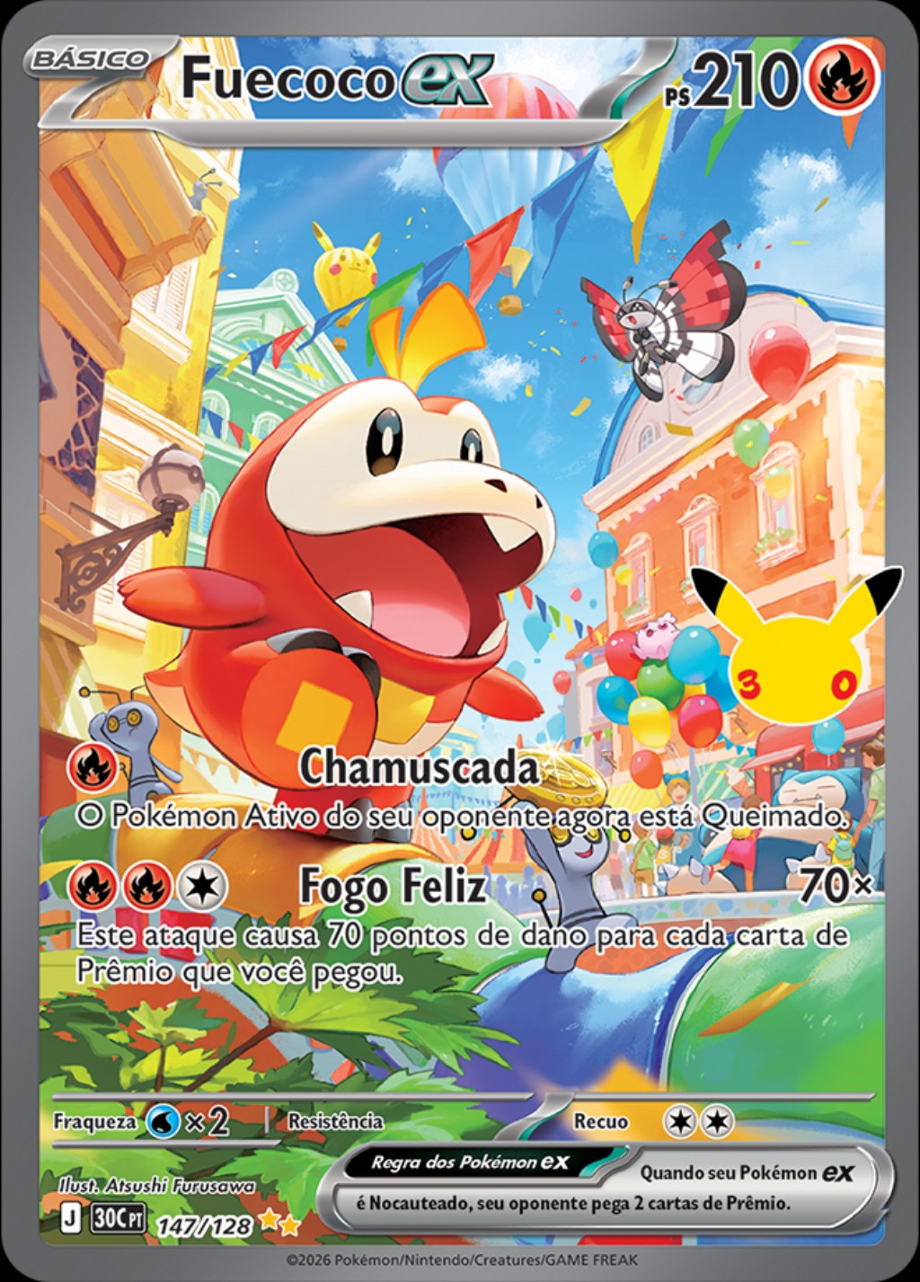 Fuecoco ex Ilustração Rara, carta 147/128 da Coleção de Celebração de 30 Anos do Pokémon TCG