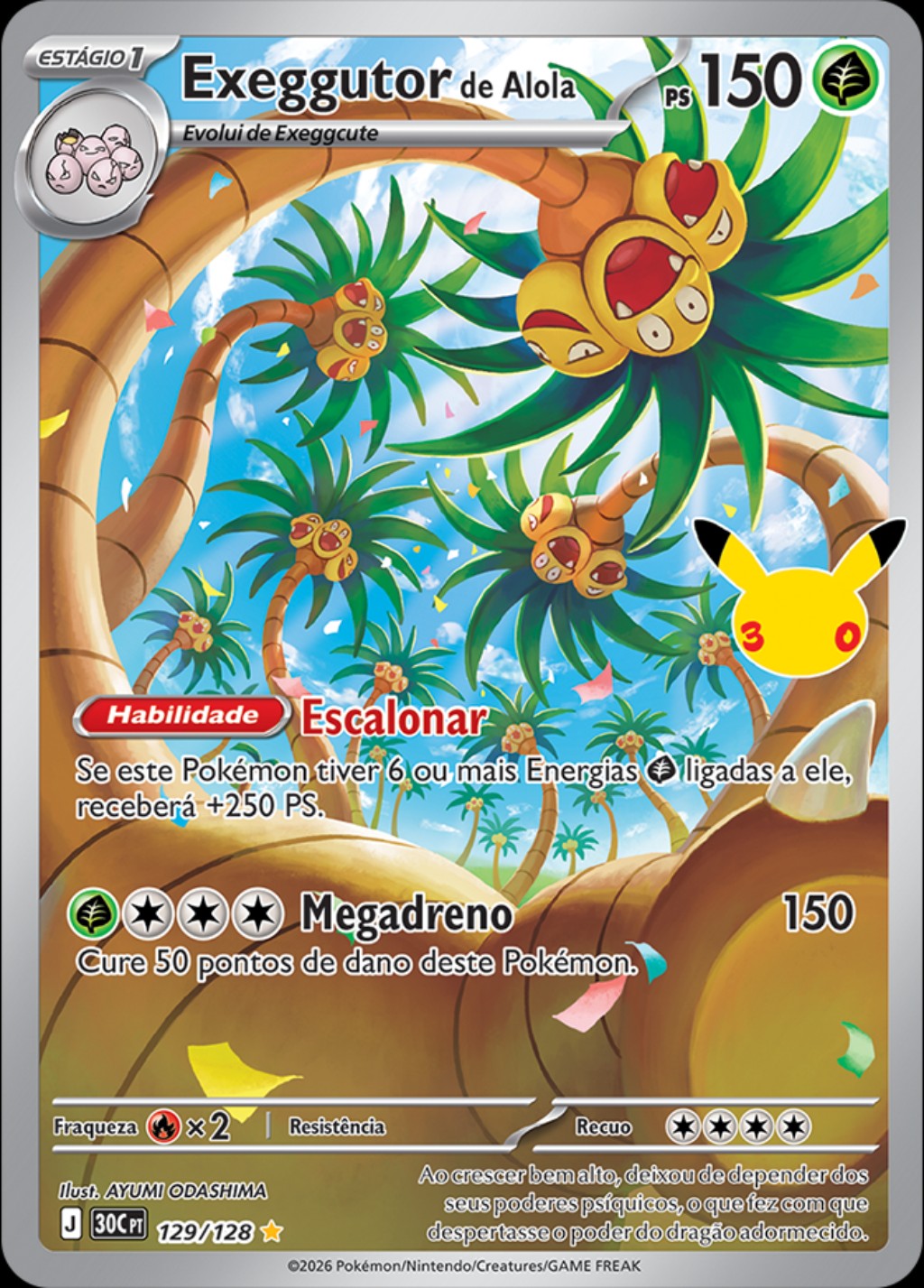 Exeggutor de Alola Ilustração Rara, carta 129/128 da Coleção de Celebração de 30 Anos do Pokémon TCG