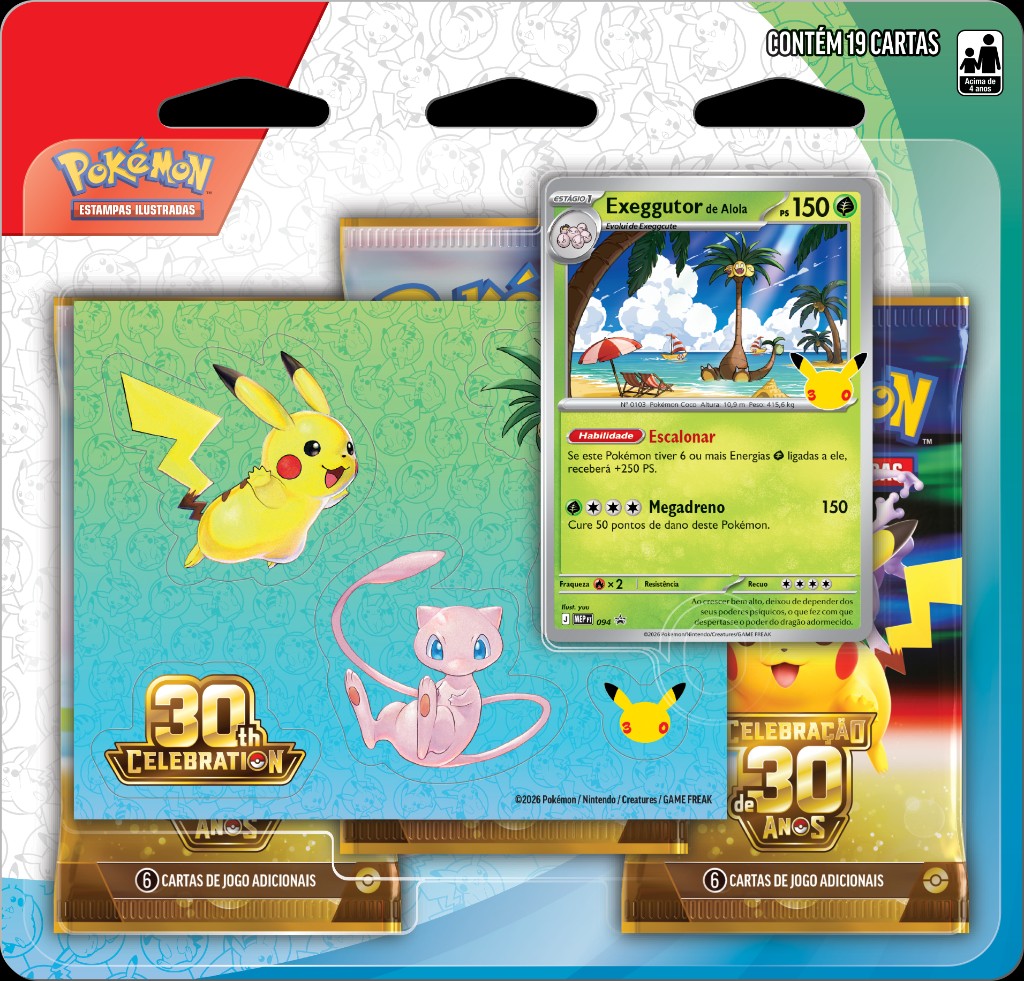 Blister Triplo com Adesivos de Celebra&ccedil;&atilde;o de 30 Anos do Pok&eacute;mon, vers&atilde;o Exeggutor de Alola