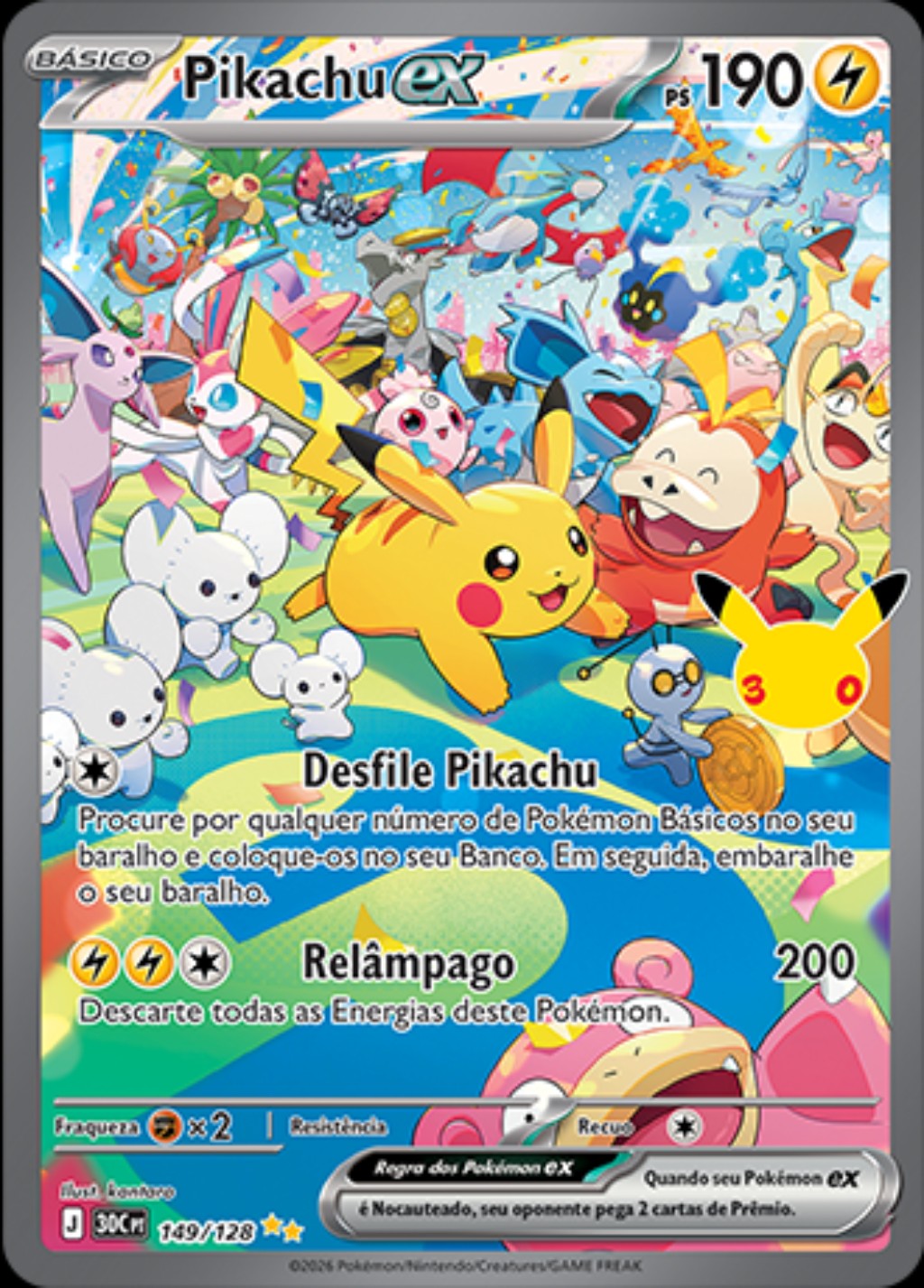 Pikachu ex (Dia) Ilustração Rara, carta 149/128 da Coleção de Celebração de 30 Anos do Pokémon TCG