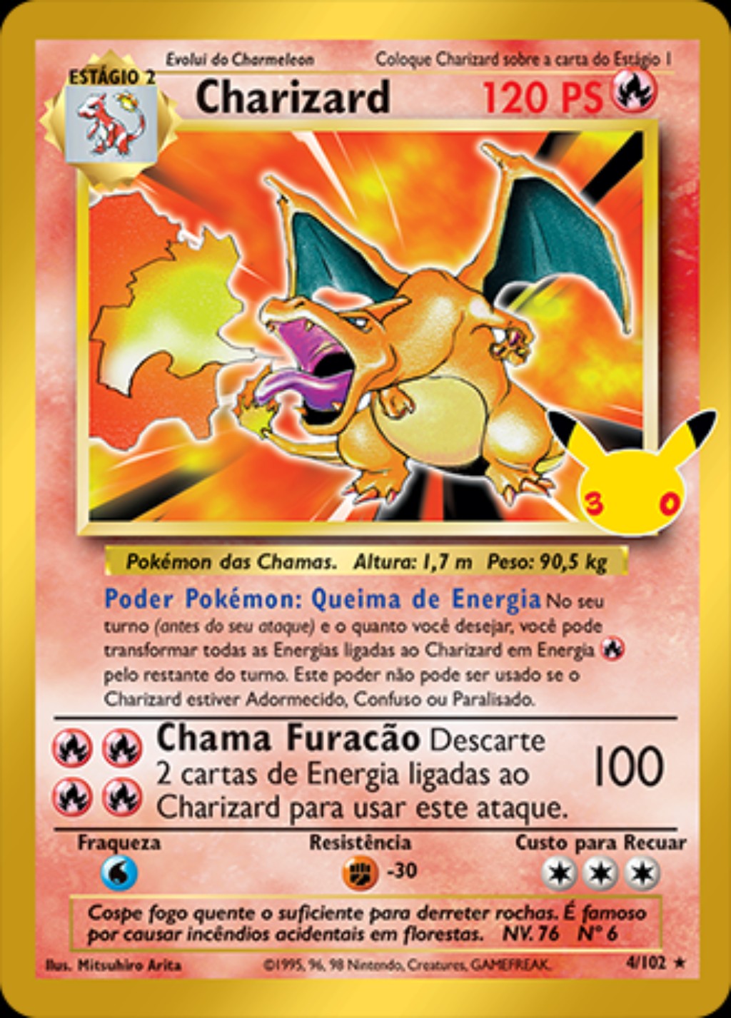 Charizard 1 Edition 30 Anos, carta 004/30 do set cl&aacute;ssico da Cole&ccedil;&atilde;o de Celebra&ccedil;&atilde;o de 30 Anos do Pok&eacute;mon TCG