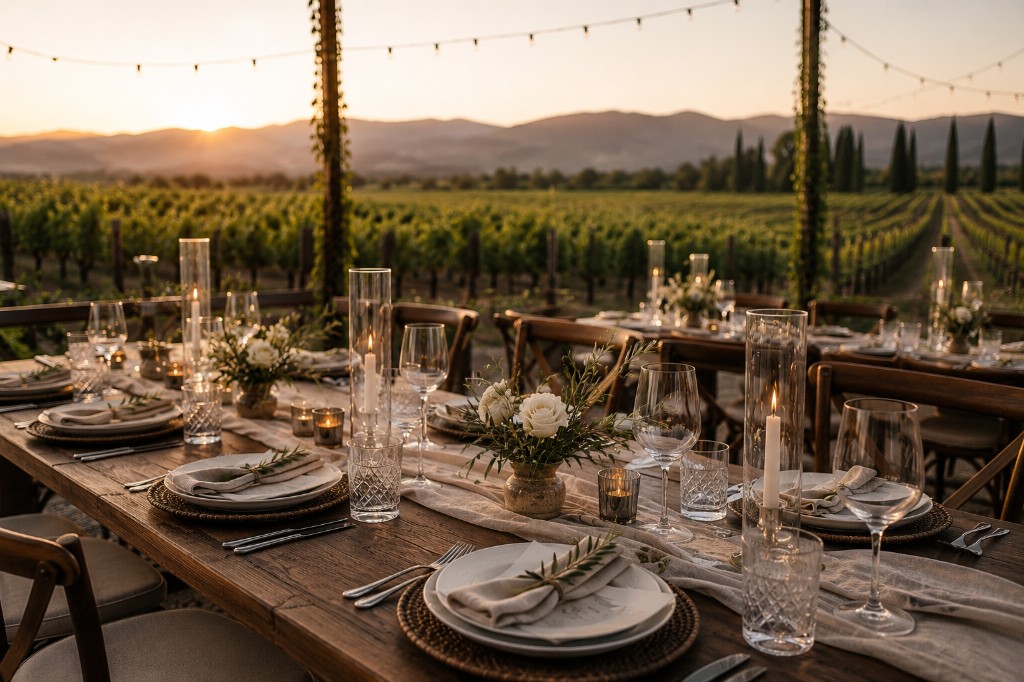 Mesa elegante en un viñedo con flores, vajilla y cristalería