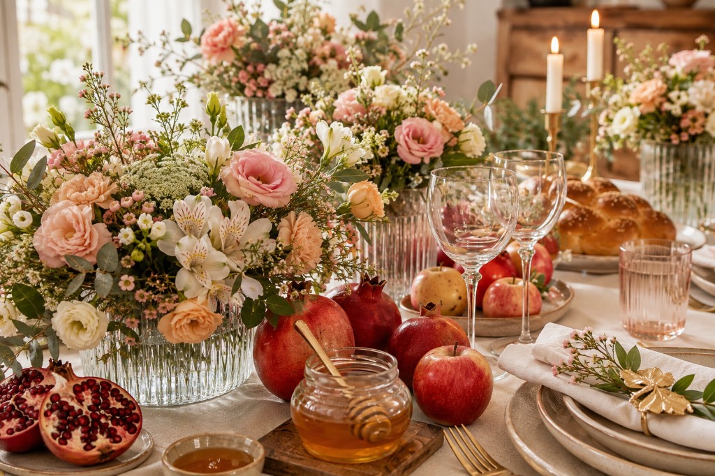 Mesa de Rosh Hashaná ambientada con flores, manzanas, miel y detalles elegantes